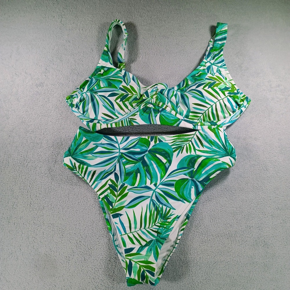 Shade & Shore Womens Bikini Set Green Tropical Palm Medium High Waist Underwire‎